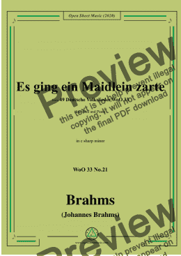 page one of Brahms-Es ging ein Maidlein zarte,WoO 33 No.21,in c sharp minor,for Voice&Pno