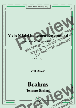 page one of Brahms-Mein Mädel hat einen Rosenmund,WoO 33 No.25,in B flat Major,for Voice&Pno