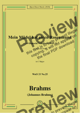 page one of Brahms-Mein Mädel hat einen Rosenmund,WoO 33 No.25,in C Major,for V&Pno 