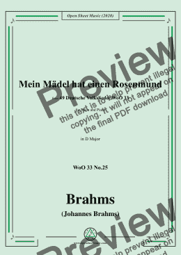 page one of Brahms-Mein Mädel hat einen Rosenmund,WoO 33 No.25,in D Major,for V&Pno