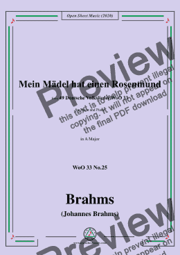 page one of Brahms-Mein Mädel hat einen Rosenmund,WoO 33 No.25,in A Major,for V&Pno