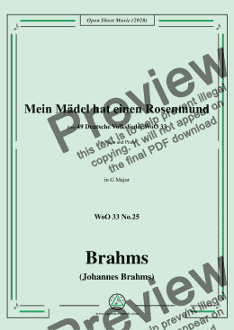 page one of Brahms-Mein Mädel hat einen Rosenmund,WoO 33 No.25,in G Major,for V&Pno