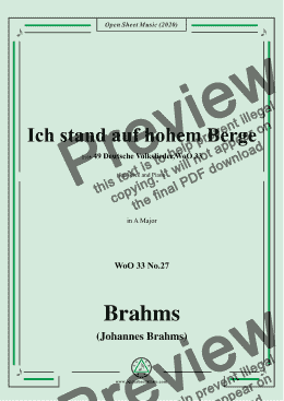 page one of Brahms-Ich stand auf hohem Berge,WoO 33 No.27,in A Major,for Voice&Piano 