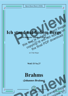 page one of Brahms-Ich stand auf hohem Berge,WoO 33 No.27,in E flat Major,for Voice&Piano 