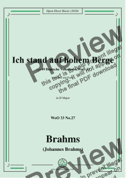 page one of Brahms-Ich stand auf hohem Berge,WoO 33 No.27,in D Major,for Voice&Piano