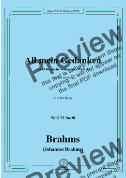 page one of Brahms-All mein Gedanken,WoO 33 No.30,in A flat Major,for Voice and Piano 