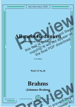 page one of Brahms-All mein Gedanken,WoO 33 No.30,in A Major,for Voice and Piano 