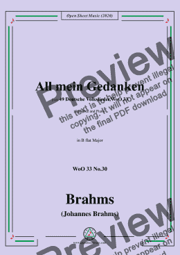 page one of Brahms-All mein Gedanken,WoO 33 No.30,in B flat Major,for Voice and Piano 