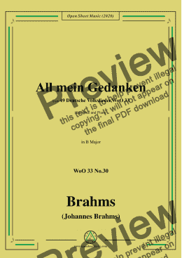 page one of Brahms-All mein Gedanken,WoO 33 No.30,in B Major,for Voice and Piano 