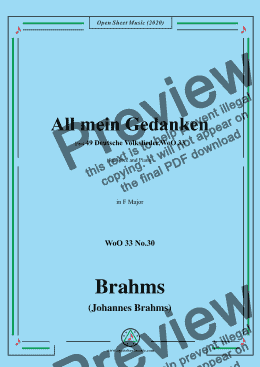 page one of Brahms-All mein Gedanken,WoO 33 No.30,in F Major,for Voice and Piano 