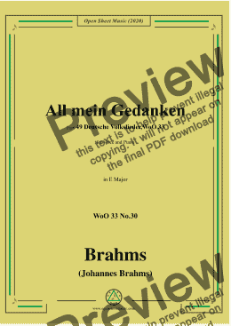 page one of Brahms-All mein Gedanken,WoO 33 No.30,in E Major,for Voice and Piano 