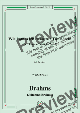 page one of Brahms-Wie komm ich denn zur Tür herein ,WoO 33 No.34,in b flat minor,for Voice&Pno 