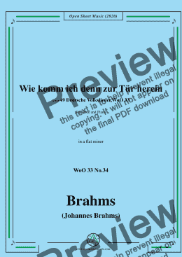 page one of Brahms-Wie komm ich denn zur Tür herein ,WoO 33 No.34,in a flat minor,for Voice&Piano 