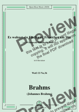 page one of Brahms-Es wohnet ein Fiedler zu Frankfurt am Mai,WoO 33 No.36,in b flat minfor Voice and Piano 