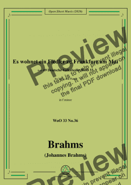 page one of Brahms-Es wohnet ein Fiedler zu Frankfurt am Mai,WoO 33 No.36,in f minfor Voice&Piano 