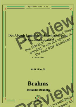 page one of Brahms-Des Abends kann ich nicht schlafen gehn,WoO 33 No.38,in c sharp minor,for Voice&Pno 