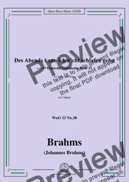 page one of Brahms-Des Abends kann ich nicht schlafen gehn,WoO 33 No.38,in f minor,for Voice&Pno 