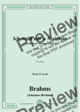 page one of Brahms-Ich weiss mir'n Maidlein hübsch und fein,WoO 33 No.40,in a minor,for Voice&Piano 