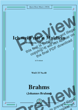 page one of Brahms-Ich weiss mir'n Maidlein hübsch und fein,WoO 33 No.40,in b minor,for Voice&Pno 