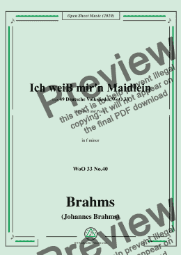 page one of Brahms-Ich weiss mir'n Maidlein hübsch und fein,WoO 33 No.40,in f minor,for Voice&Pno