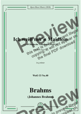 page one of Brahms-Ich weiss mir'n Maidlein hübsch und fein,WoO 33 No.40,in g minor,for Voice&Pno