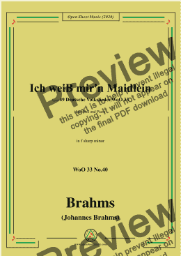 page one of Brahms-Ich weiss mir'n Maidlein hübsch und fein,WoO 33 No.40,in f sharp minor,for Voice&Pno 