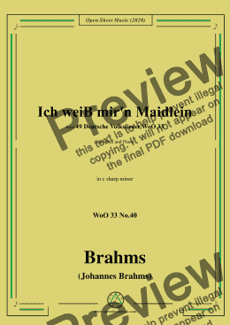 page one of Brahms-Ich weiss mir'n Maidlein hübsch und fein,WoO 33 No.40,in c sharp minor,for Voice&Pno 