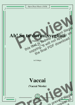 page one of Vaccai-Ah! Se tu dormi,svegliati,in D Major,for Voice and Piano 