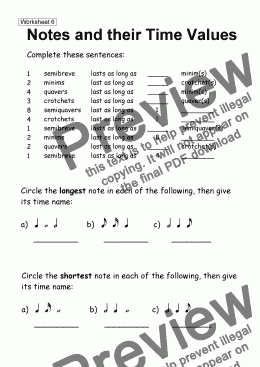 page one of Worksheet 06: Notes and their Time Names