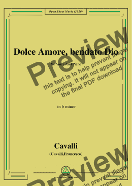 page one of Cavalli-Dolce amore bendato dio,in b minor,for Voice and Piano