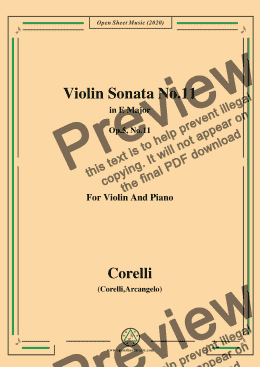 page one of Corelli-Violin Sonata No.11 in E Major,Op.5, No.11,for Violin and Piano