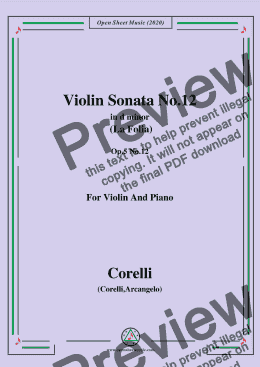 page one of Corelli-Violin Sonata No.12(La Folia) in D Minor,Op.5,No.12,for Violin&Piano