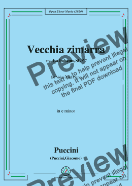 page one of Puccini-Vecchia zimarra,in e minor,for Voice and Piano