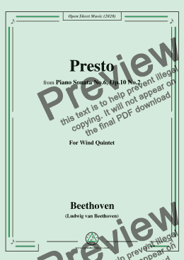 page one of Beethoven-Presto,from Piano Sonata No.6,Op.10 No.2,in F Major,for Wind Quintet