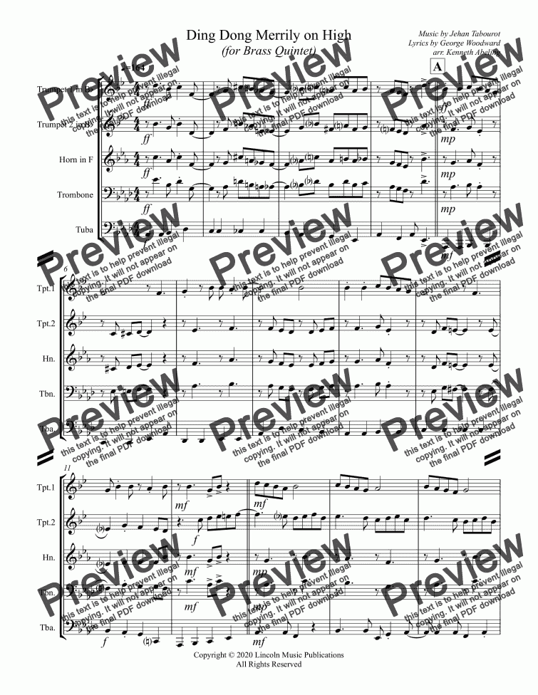 Ding Dong Merrily On High (for Brass Quintet) - Sheet Music PDF File