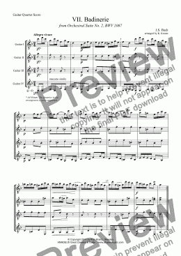 page one of Badinerie from Suite No. 2, BWV 1067 for guitar quartet 