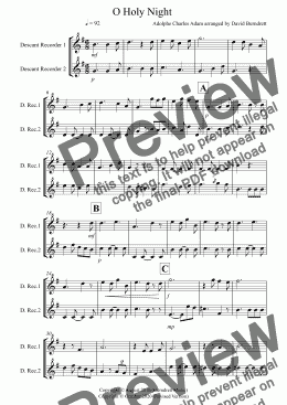 page one of O Holy Night for Descant Recorder Duet