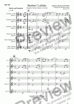 page one of Brahms' Lullaby - Flexible Clarinet Quintet or Group