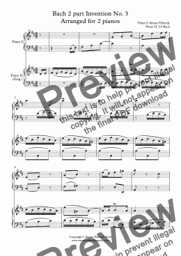 page one of Bach 2 part Invention No. 3 in D major arranged for 2 pianos