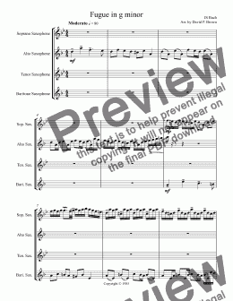 page one of "Little" Fugue in g minor for Sax Quartet