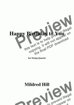 page one of Mildred Hill-Happy Birthday to You,for String Quartet