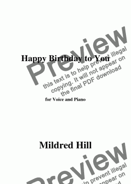 page one of Mildred Hill-Happy Birthday to You,for Voice and Piano