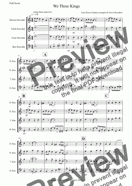 page one of We Three Kings (Jazzy Style!) for Recorder Quartet