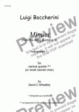 page one of Boccherini - Minuet (from string quintet in E) transcribed for small clarinet choir by David Wheatley