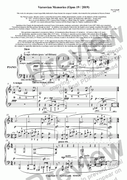 page one of Varsovian Memories (Opus 19 / 2019)   This work, for solo piano, is most respectfully dedicated to Beata Stasiak, the composer's dentist, who trained for her profession in Warsaw, Poland.  The Warsaw nexus:- this piece makes a connection between three Pol