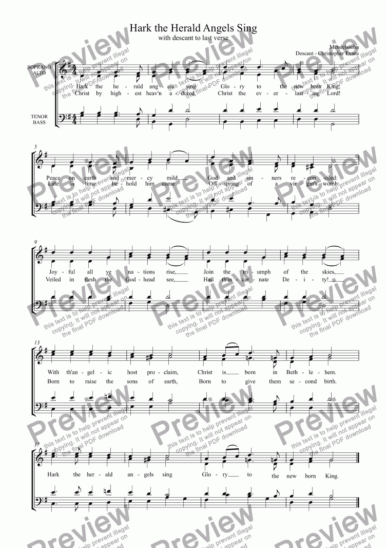 Hark The Herald Angels Sing Descant For Choir Organ Sheet Music