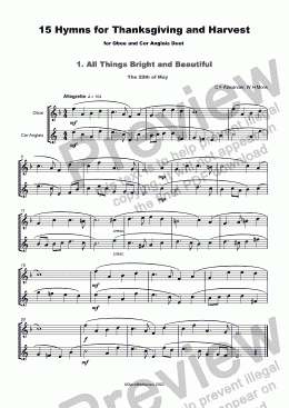 page one of 15 Thanksgiving Hymns for Oboe and Cor Anglais  (or English Horn) Duet