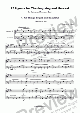 page one of 15 Thanksgiving Hymns for Clarinet and Trombone Duet