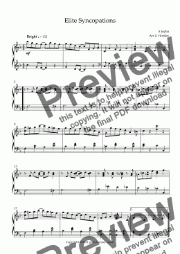 page one of "Elite Syncopations" S. Joplin- Solo Piano Simplified version-intermediate