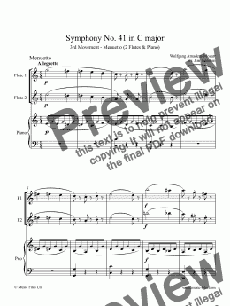 page one of Mozart: Menuetto Allegretto from Symphony No.41 (2 flutes & piano)